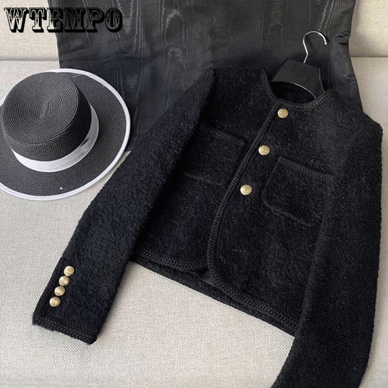 Nowe wysokiej jakości damskie modne kurtki czarny tweed dwie kieszenie złote guziki eleganckie płaszcze wiosna jesień damskie ubrania