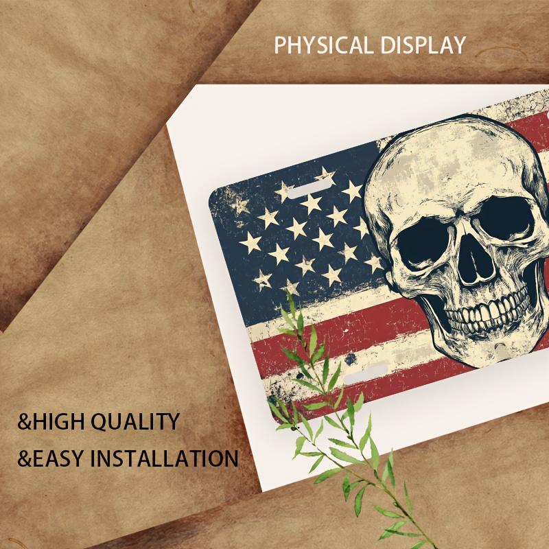 Skull on American Flag Front License Plate Aluminum License Plate Covers Frames Funny Standard Plates Novelty for Decoration License Plate Covers