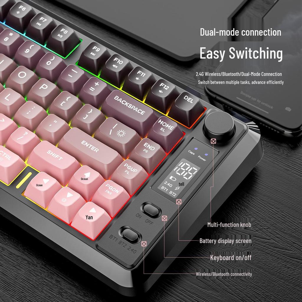 Free Wolf M75 Bluetooth Dual-Mode Mechanical Keyboard with PBT Gradient Keycaps and Display