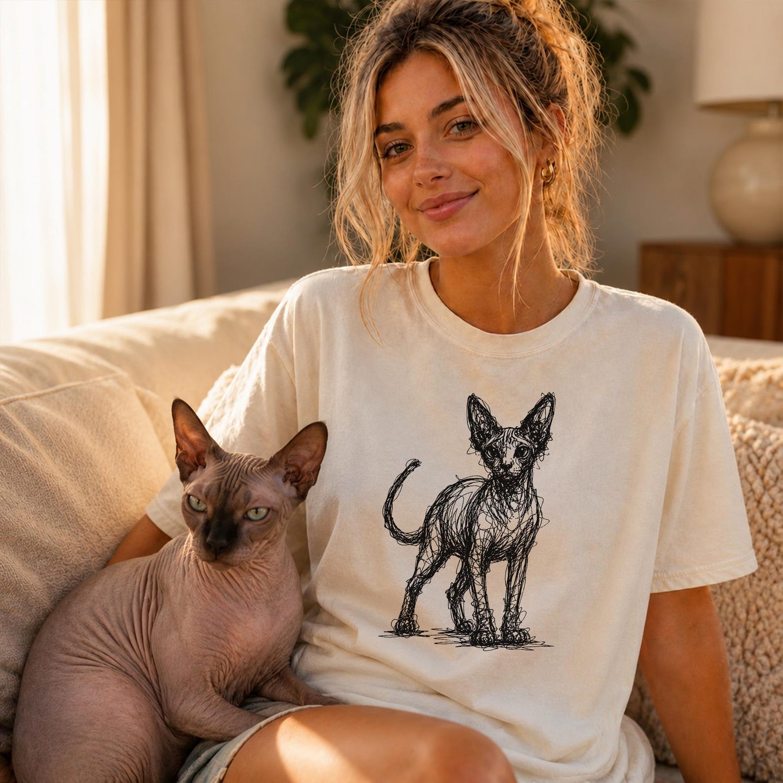Sphynx Cat Line Art Shirt, Minimalist Scribble Hairless Cat Sketch Tee, Abstract Cat T-Shirt, Sphynx Cat Mom Gift, Artsy Cat Tee L