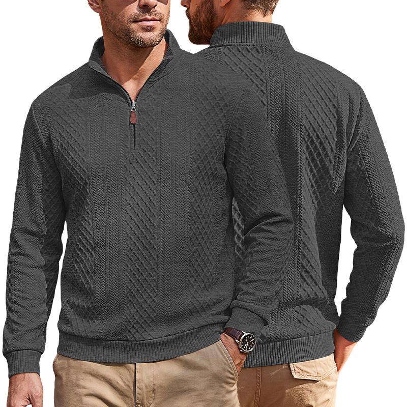 Men's Vintage Diamond Textured Half Zip Pullover Sweatshirt Long Sleeve Polo Collar Casual Top with Leather Zipper Pull Black