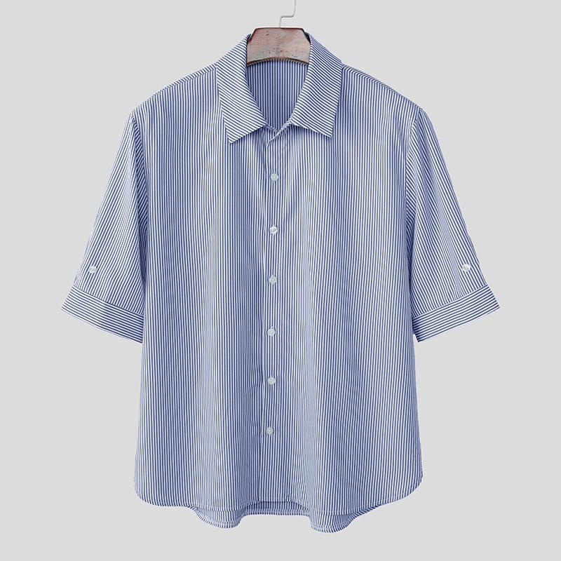 INCERUN Oversized Summer Men Lapel Neck Short Sleeve Striped Casual Shirts 4XL
