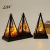 Vintage Style Table Lamp Halloween Lantern LED Candle, Spooky Pumpkin Witch Tabletop Decor with Retro Triangular Wind Metal Hanger, Electronic