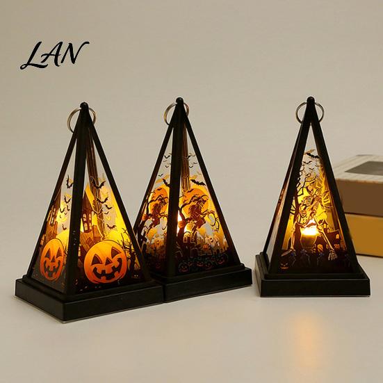 Vintage Style Table Lamp Halloween Lantern LED Candle, Spooky Pumpkin Witch Tabletop Decor with Retro Triangular Wind Metal Hanger, Electronic