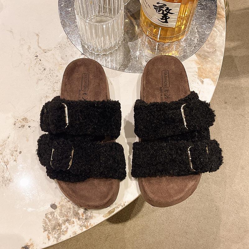 Double-buckle Boken Hairy Slippers for Women's Outer Wear 2025 Autumn New Thick-bottomed Muffin One-word Mop Versatile Casual Cotton Mop