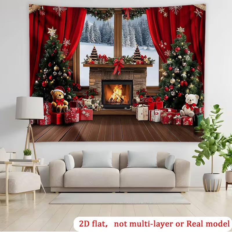 2D Flat Winter Christmas Garage Banner, Cozy Fireplace & Snowy Window Party Background