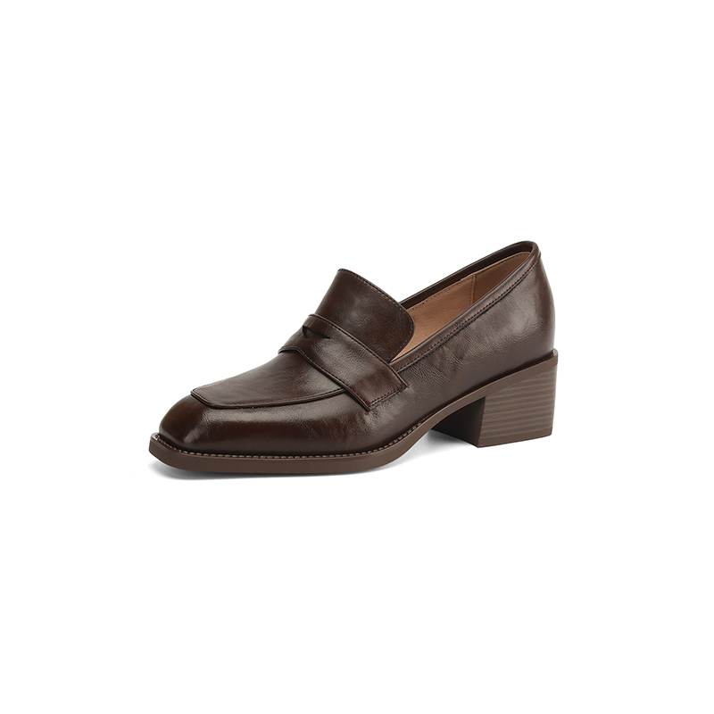 Krazing Pot Sheepskin Autumn Winter Shoes Slip on Med Heels Size 42 Square Toe Brown Color Pumps