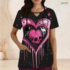 Women Plus Size White Floral Printed Scrub Top Keyhole Neck Short Sleeve With Front Pockets