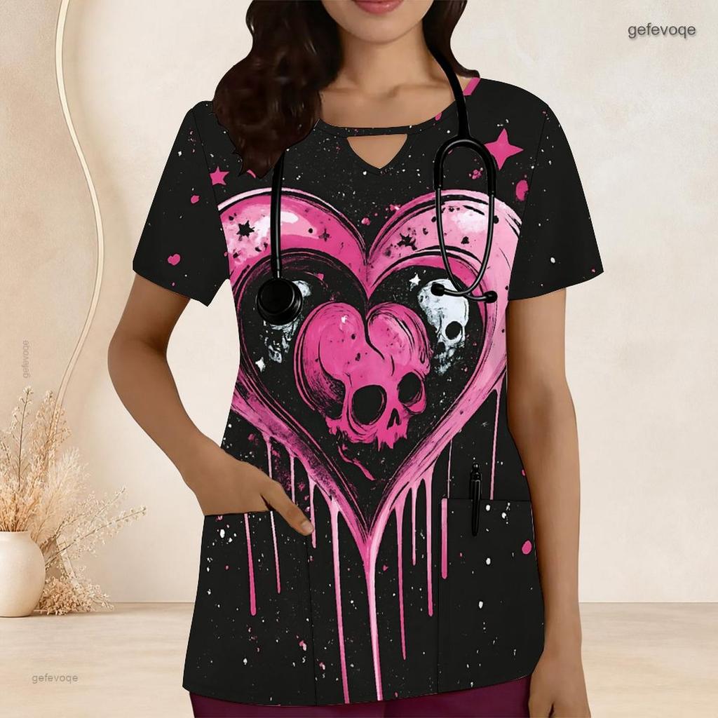 Women Plus Size White Floral Printed Scrub Top Keyhole Neck Short Sleeve With Front Pockets