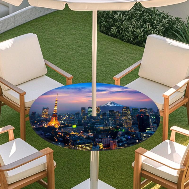 Outdoor Round Table Cover With Nature Print Waterproof Elastic Hem Patio Garden Deck