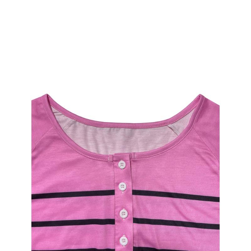 Plus Size Casual T-shirt, Women's Plus Stripe Print Button Up Long Sleeve Round Neck Pullover Slight Stretch T-shirt