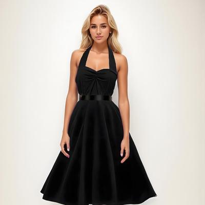 Abendkleid für Damen, mit Schnürung, Neckholder, A-Linie, rückenfrei, schulterfrei, ärmellos, einfarbig, Retro, Cocktailparty, Hochzeit, Midikleid