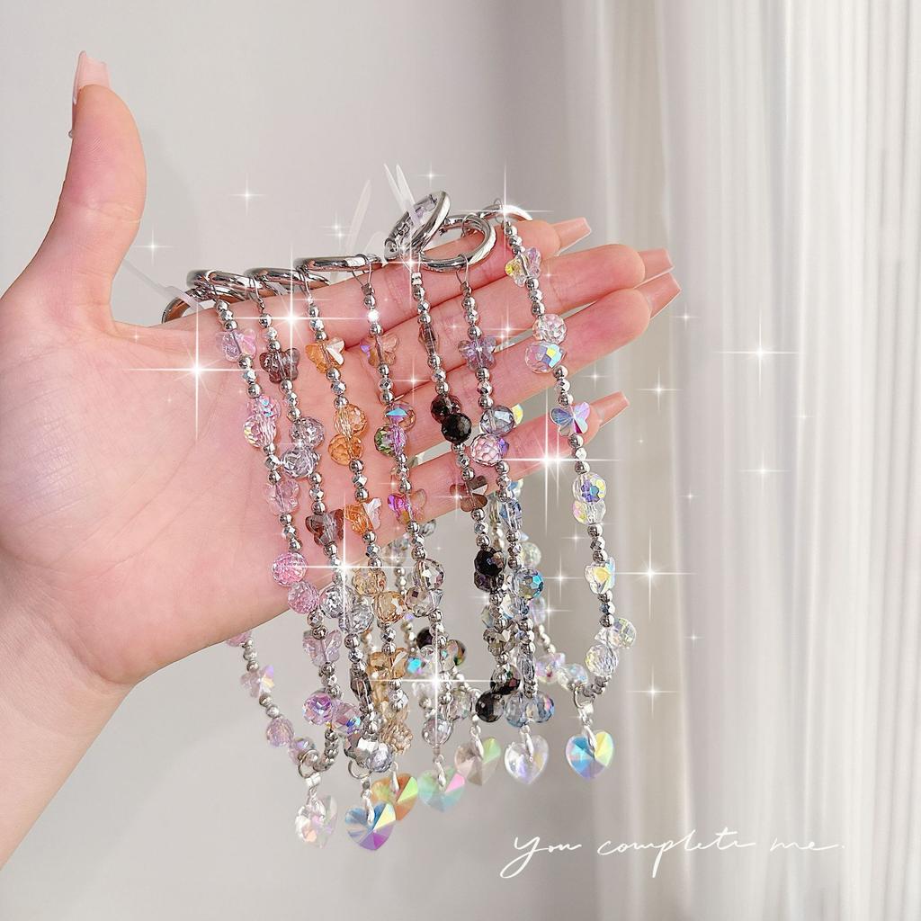Premium sense water drop crystal love pendant mobile phone chain ins butterfly handmade beaded keychain bag pendant batch
