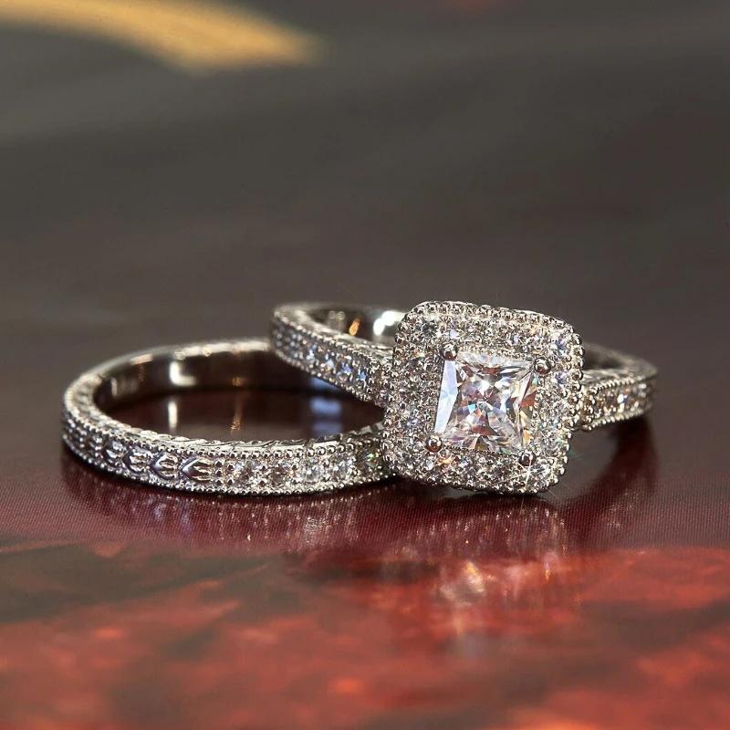 Huitan Brilliant 2Pc/Set Rings for Women Dazzling Luxury Gorgeous Finger Accessories Exquisite Versatile Wedding Band