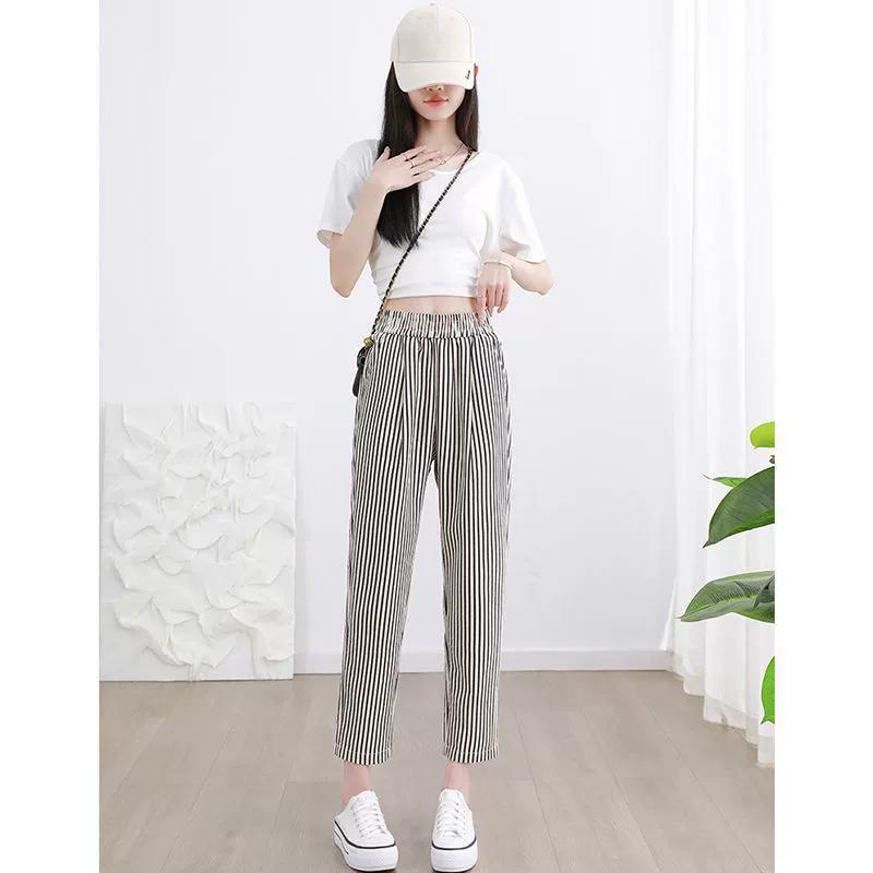 

Большие размеры, черно-белые полосатые брюки-харен для женщин на лето, тонкий дизайн, высокая талия, небольшой рост, свободные повседневные прямые брюки длиной девять дюймов XS чёрный