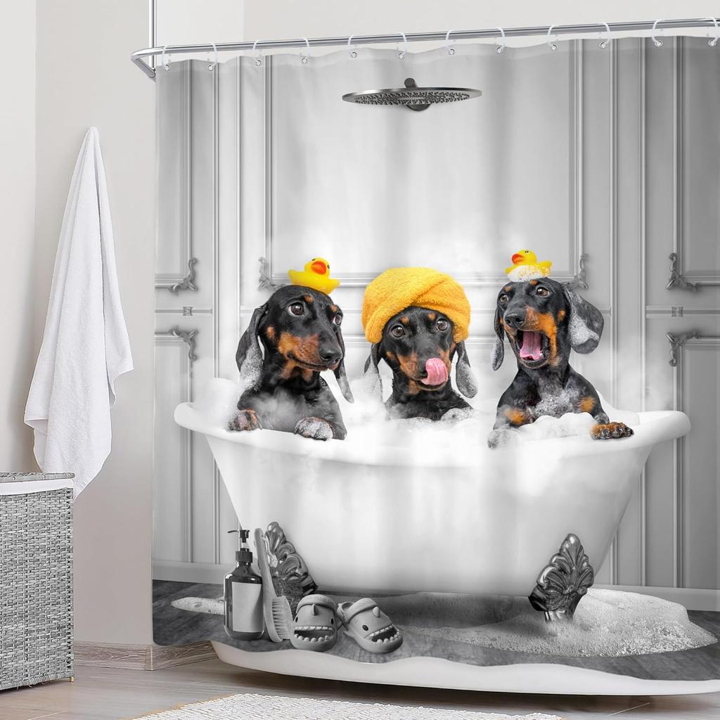 Funny Dogs Shower Curtain 72Wx72H Inch Dachshund Bathing in Bathtub Cute Animal Puppy Pet Hilarious Shower Curtain Bathroom Set