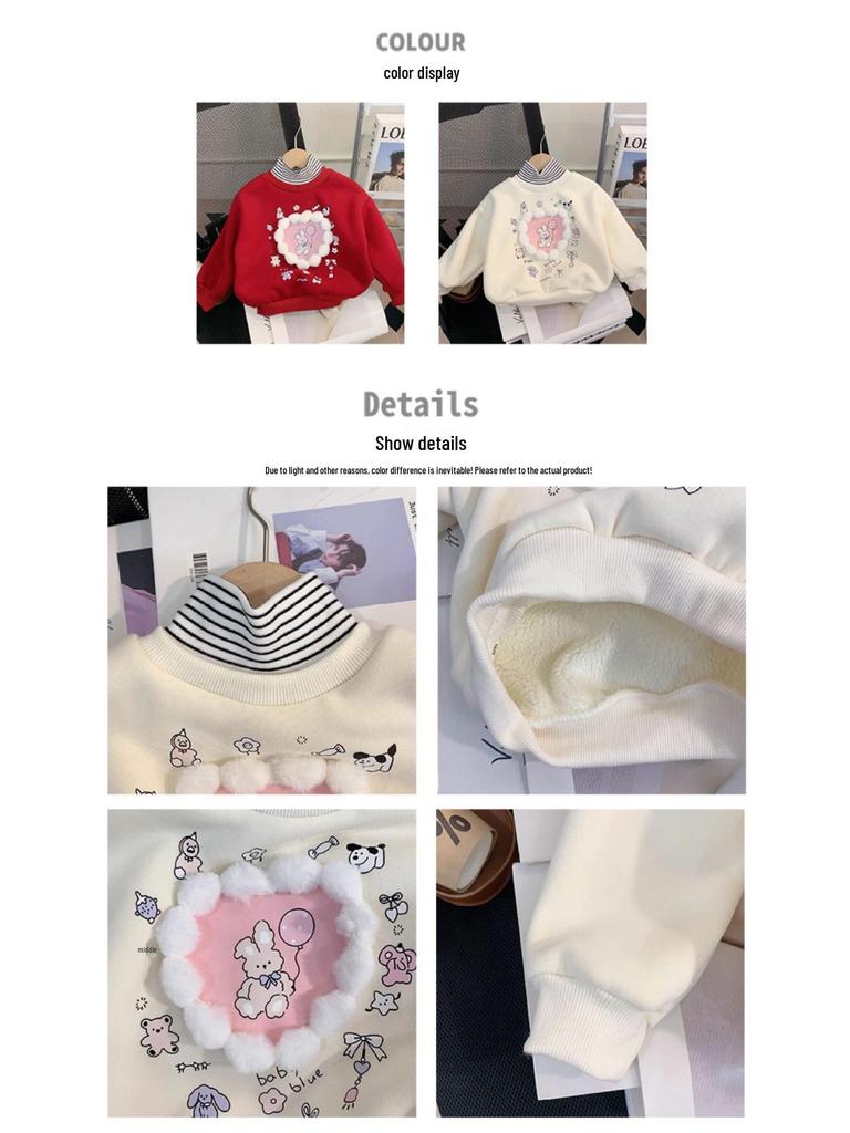 Toddler Girls' Cartoon High-Neck Sweatshirt, Autumn/Winter 2025, Velvet Pullover, Cute and Stylish