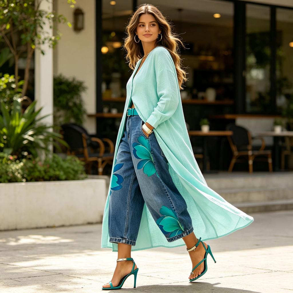 Women’s Denim Wide Leg Pants with Floral Print High Waist Casual Loose Fit Trousers for Everyday Wear Street Style
