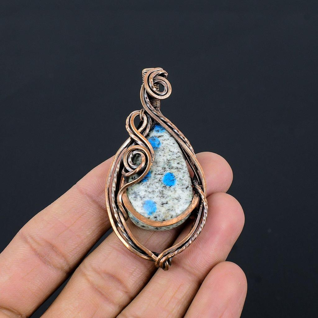 K2 Azurite Pendant Gemstone Jewelry, 999 Copper Wire Wrapped Pendant, Handmade Jewelry Birthstone Pendant, Gift For Him