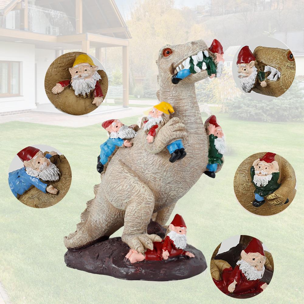 Garden Dinosaur Sculpture Outdoor Dinosaur Eating Gnome Statue Resin Figurine Art Decor for Indoor Outdoor Home Decoration