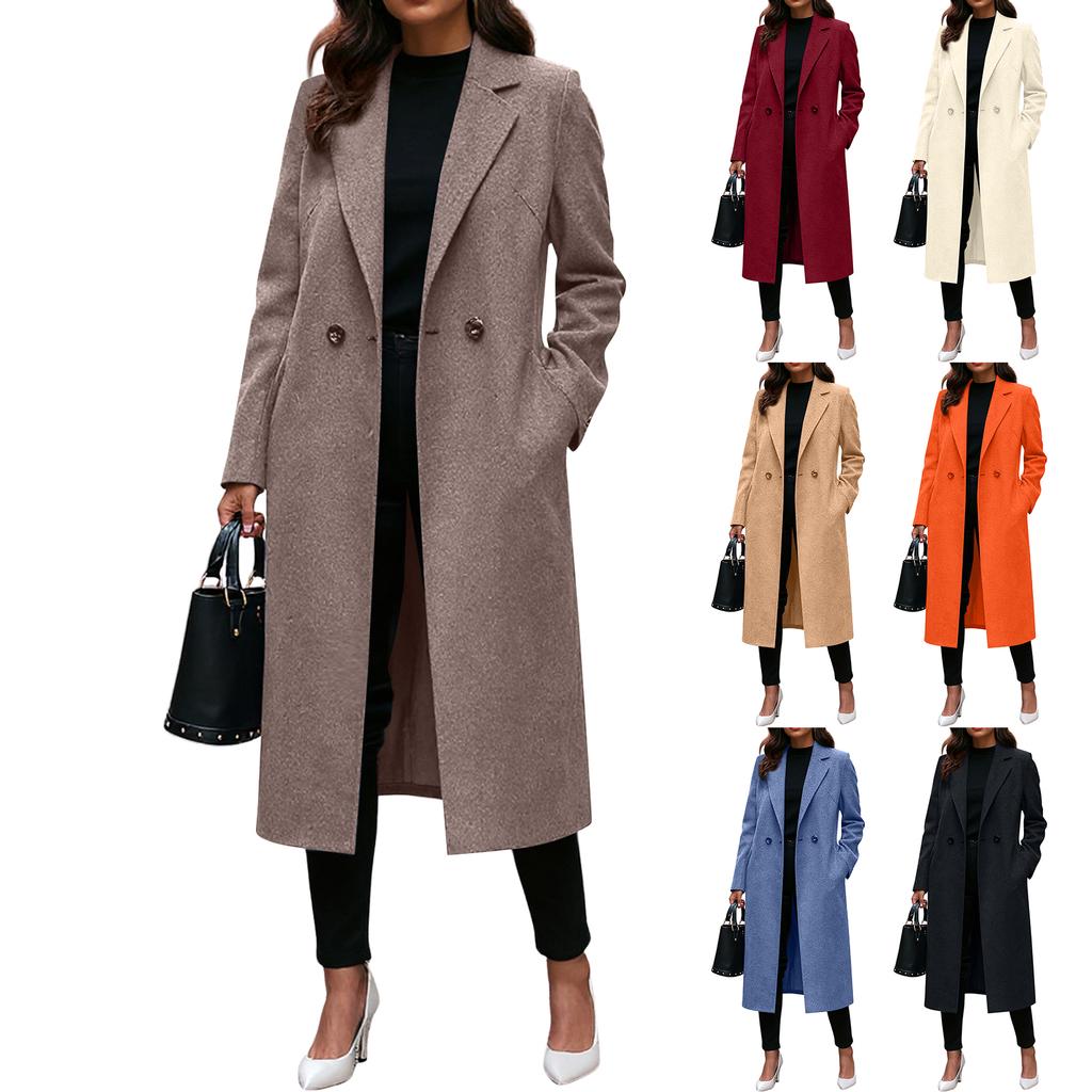 Women's Fashionable Solid-color Lapel Long-sleeved Woolen Coat