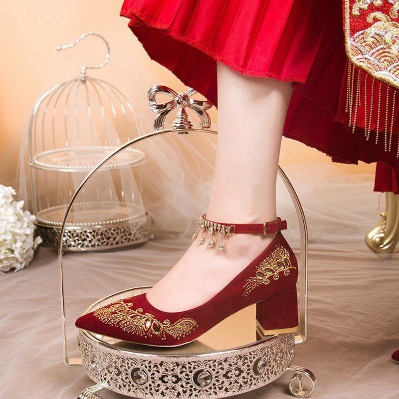 FHC Embroidery Flower Bride Wedding Shoes,Women Pumps,Rhinestone Ankle Strape High Heels,Pointed Toe,Wine-red,Dropship
