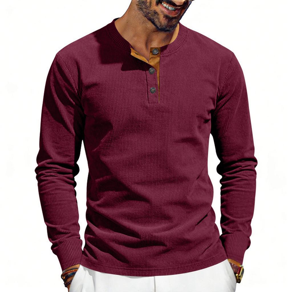 Men's Round Neck Single-Breasted Long-Sleeve Loose Casual Top
