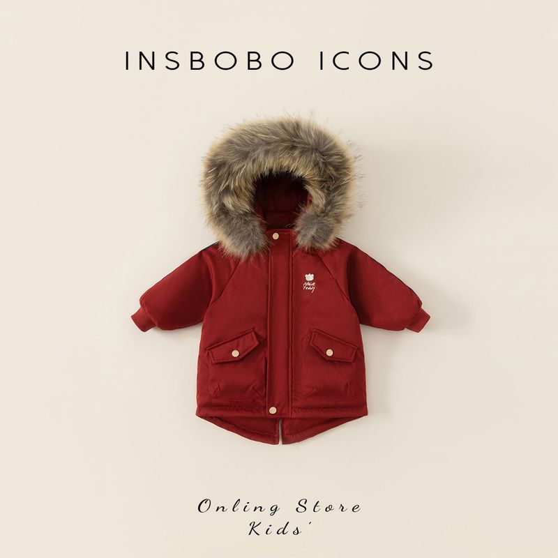 Long Red Fall and Winter Big Fur Collar Children s down Jacket Big Red 100