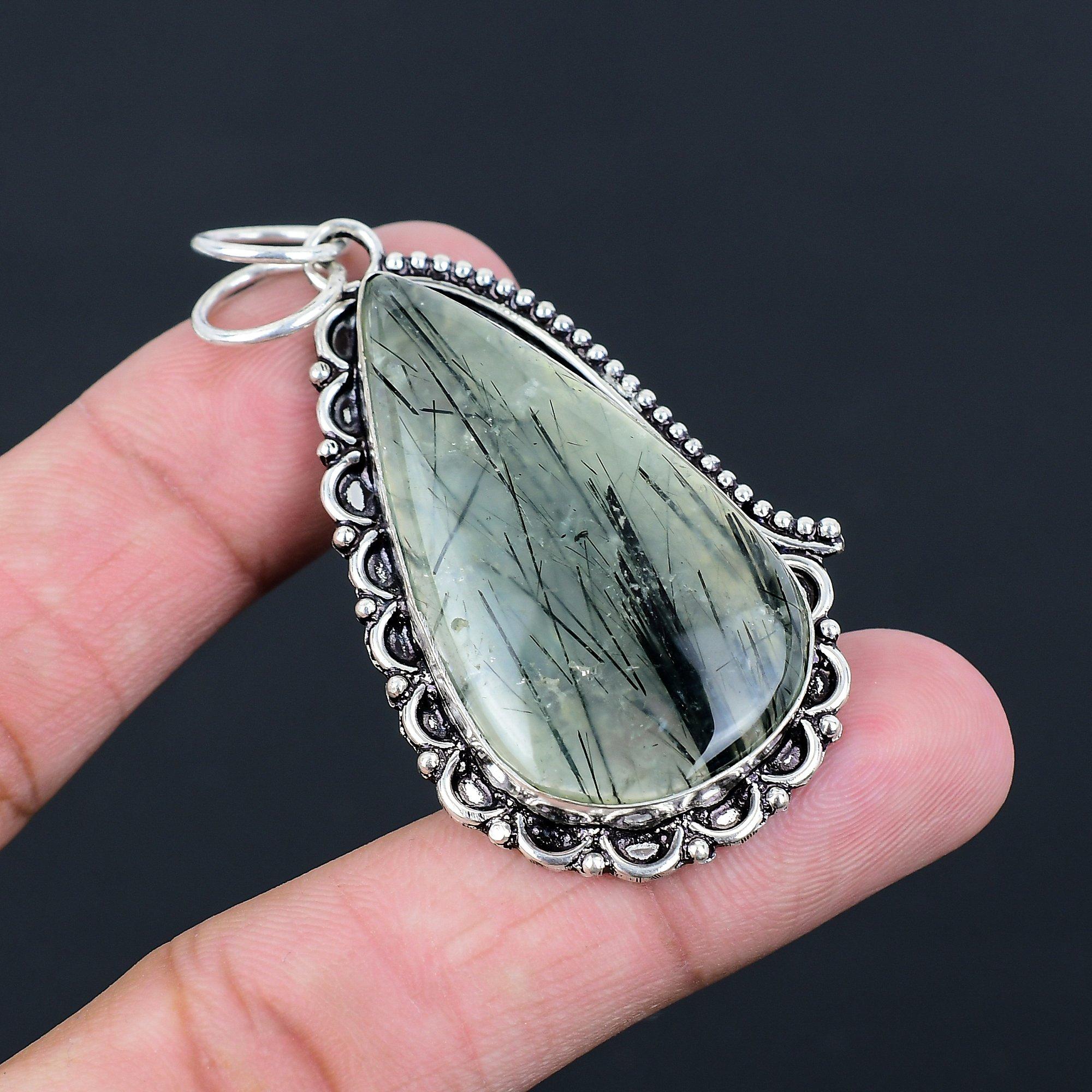 Pear Natural Moss Moss Prehnite Wife Bezel Birthday Wedding Pendant 925 Silver