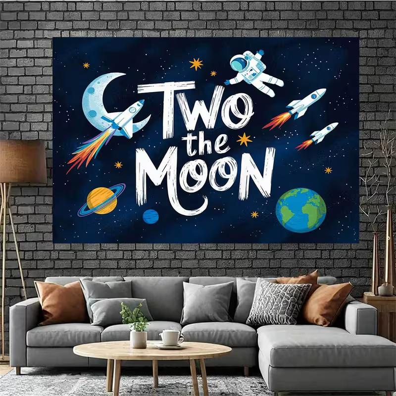 2D Outer Space Astronaut & Rocket Backdrop "Two the Moon" Birthday Photo Booth