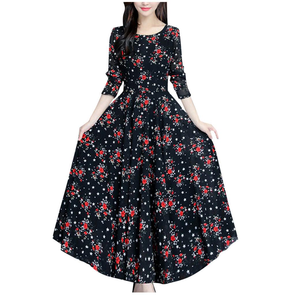 Women Floral Beach Dress Long Sleeve Casual Party Vintage Boho Dress