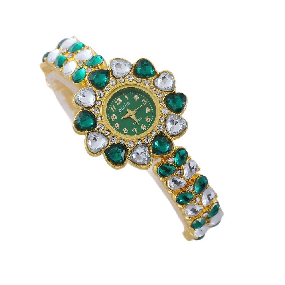 Women Heart Rhinestone Watches Flower Dial Bracelet Strap Quartz Watch Clock