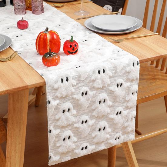 Ghost Pattern Table Runner Plush Faux Fur Jacquard Table Flag Halloween Decoration Halloween Party Supplies