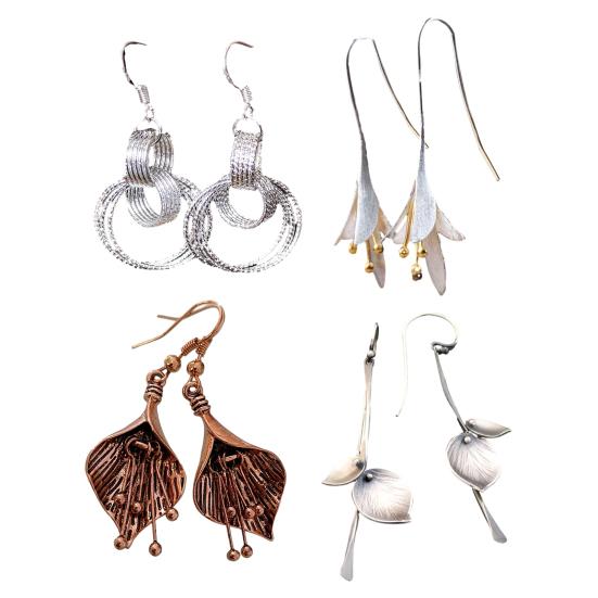 1 Pair Women Earrings Ethnic Style Plant Leaf Design Faux Obsidian Inlaid Hook Earrings Jewelry Gift Accessories