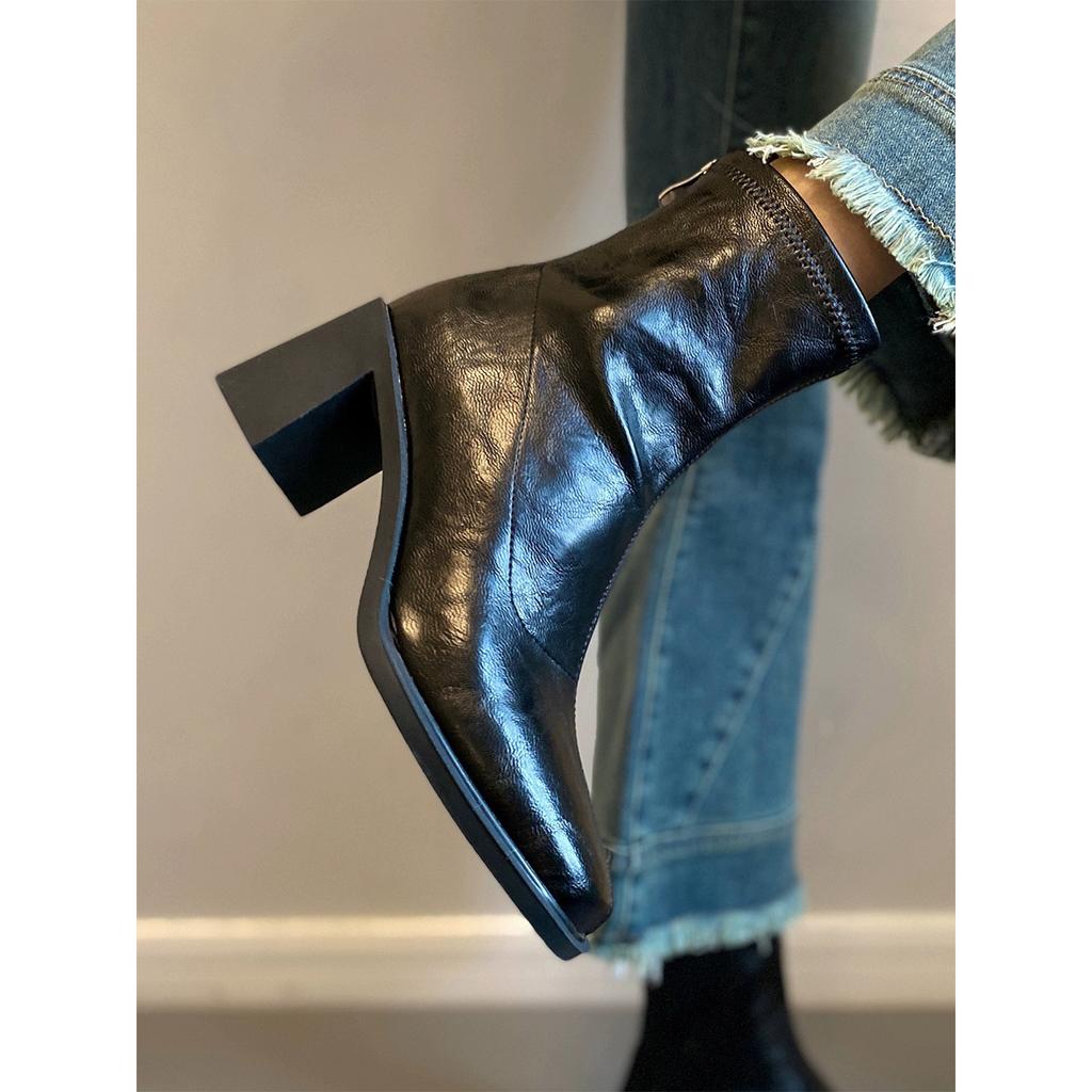 Vintage Square Head Thick Heel Thin Boots Woautumn Winter Velvet British Style Small High Heel Short Boots