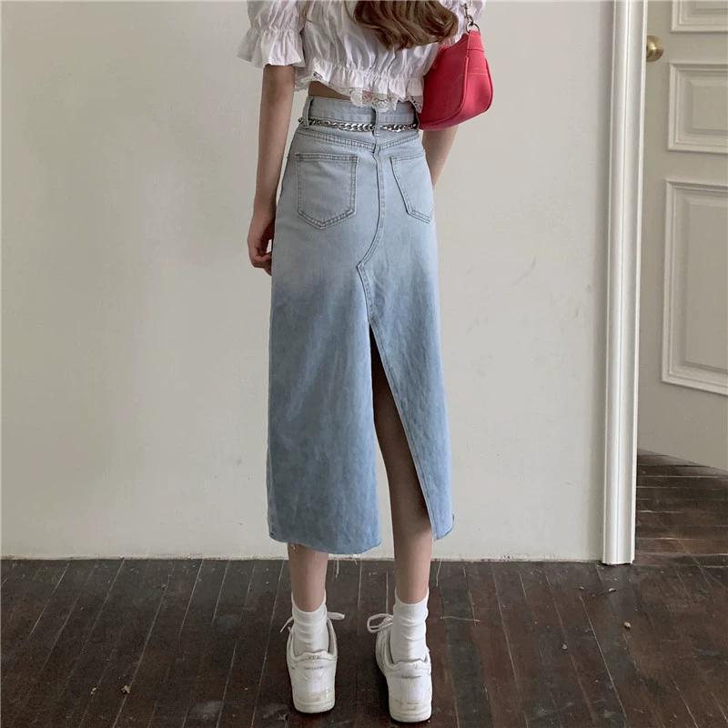Revet Ujevn Denimskjørt for Kvinner Retro Sliss Midilengde Skjørt Høy Midje Stor Størrelse Dameklær Street Style