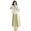 2026 Stylish & Chic Apricot Doll Blouse with Round Neck + Fresh Green Midi Skirt