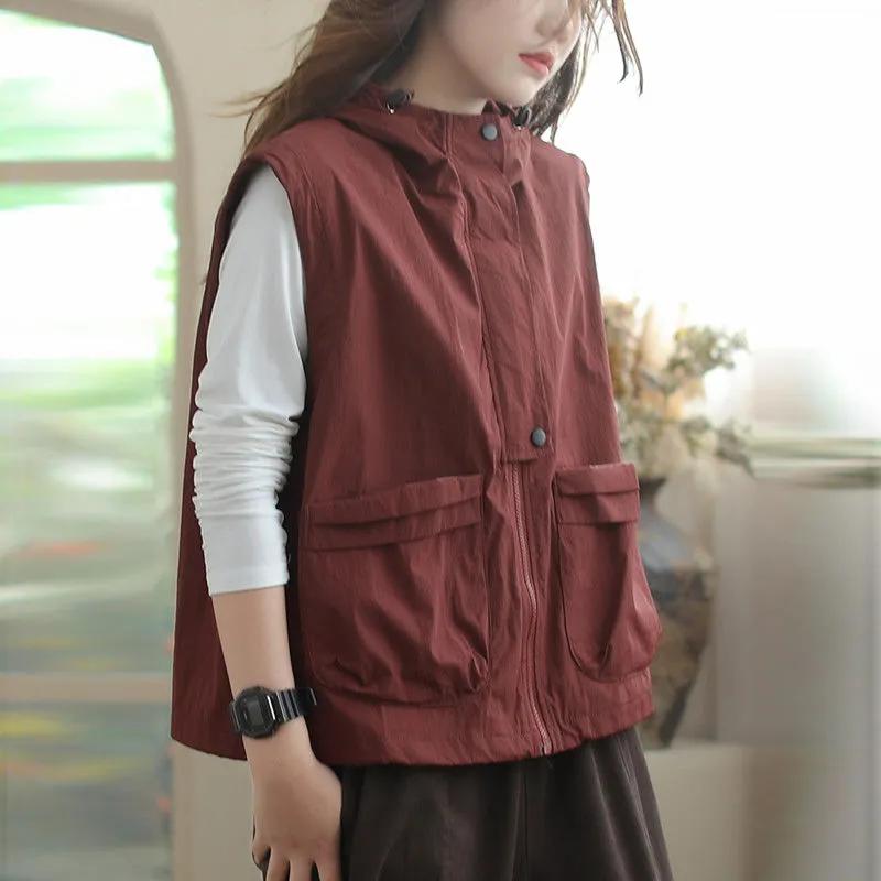 Hooded Women's Vest Spring and Autumn Jacket Women's Casual Tooling Loose Retro Vest Waistcoat