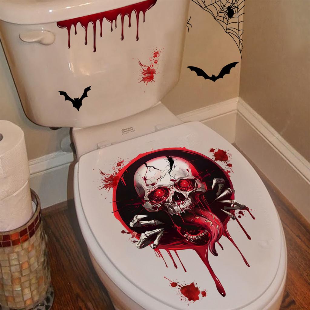 Spooky Halloween Decorations Set Self-Adhesive Skull Bat Wall Stickers for Bathroom Waterproof and Removable Toilet Seat Lid
