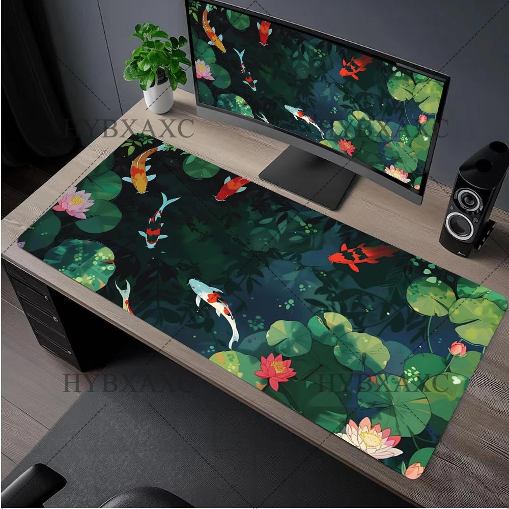 Japanese Desk Mat Black  White Mouse Pad Koi Fish Japan Art Seal Yinyang Fish Large XL Gaming Deskmat Rubber Mousepad X