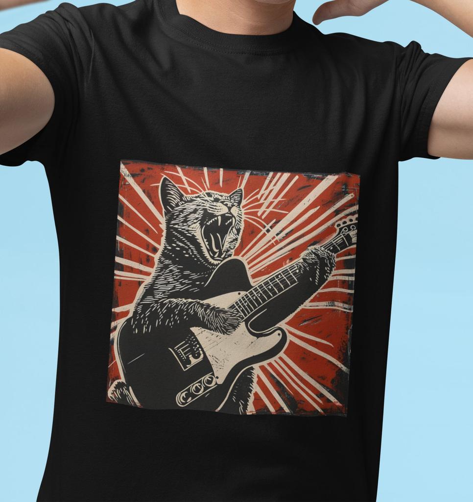 Rock 'n' Roll Cat T-Shirt: Linocut Guitar Design
