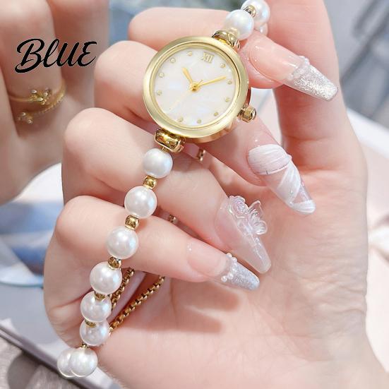 Thin Wristband Watch Women Faux Pearl Bracelet Adjustable Strap Round