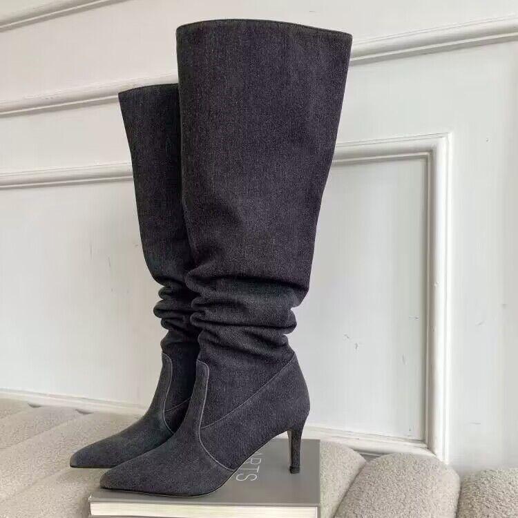 Women's Boots 2026 Retro Spicy Cowboy Boots Thin Heel Pointed Stacked Boots Wide Tube Long Tube Boots