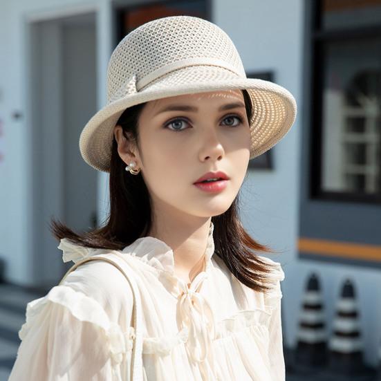 Women Basin Hat Flower Bow Decor Wide Brim Summer Bucket Hat Face-Slimming Outdoor Travel Beach Hat Headwear