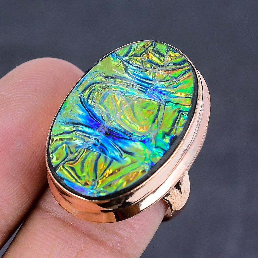 Natural Ammolite Gemstone Handmade Copper Jewelry Ring Size 7.5 C8l09