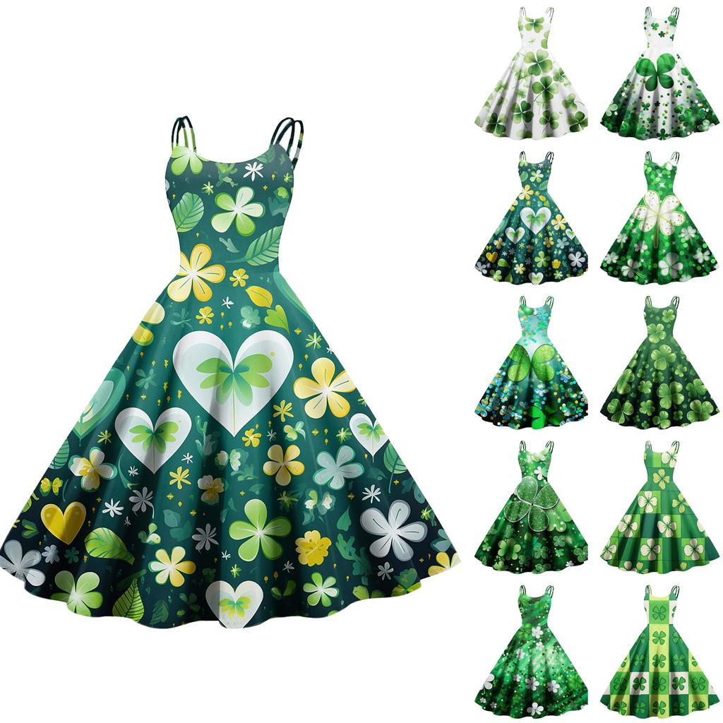 Damenmode St. Sexy schulterfreies Vintage-Kleid mit Patrick's Day-Print