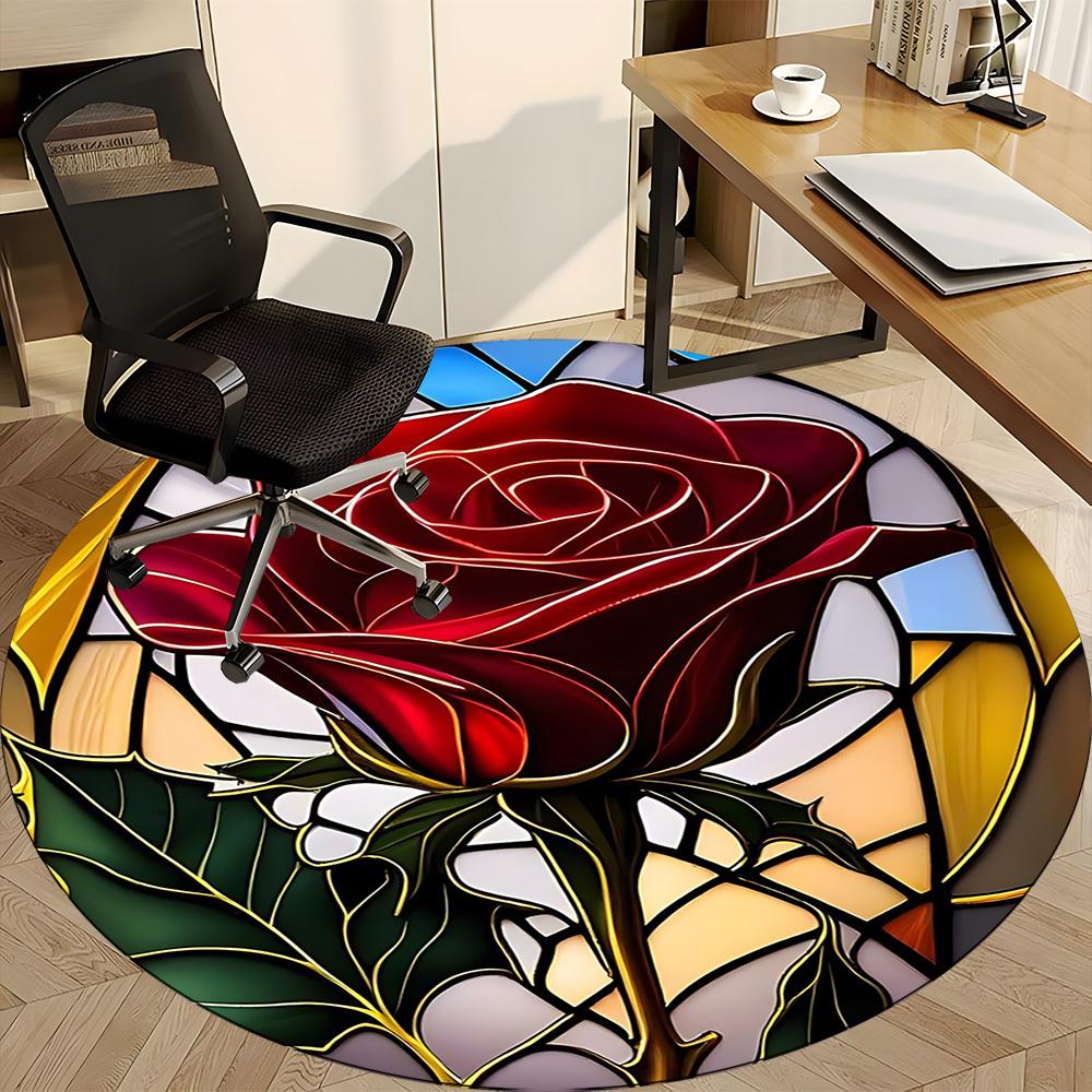 1pc Rose StainedGlass Office Round Area Rug, Under Office Chairs Bedroom Living Room Home Decor, Room Deco