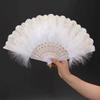 1PC - Vintage simulation feather lace fan with gold stamping feather fan in white