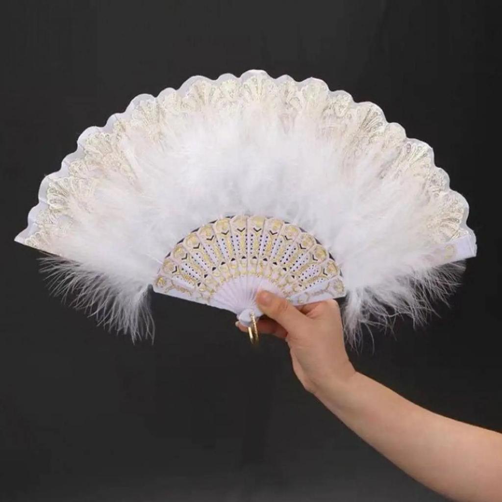 1PC - Vintage simulation feather lace fan with gold stamping feather fan in white