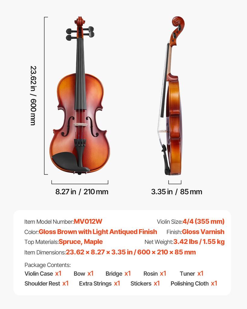 VEVOR Violin 4/4 355mm Full Size Fiddle Set Solidwood for Beginner Glossy Brown